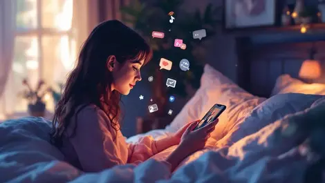 Young british woman online shopping tiktok ai recs cozy bedroom