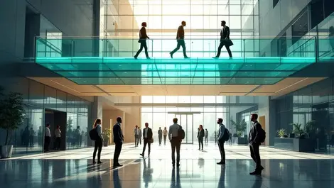 Glass ceiling lobby old executives walk above young jobseekers below