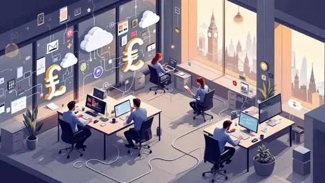 Isometric uk office tangled software icons stressed workers london
