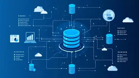 Postgresql smart proxy query optimization failover monitoring blue gray illustration